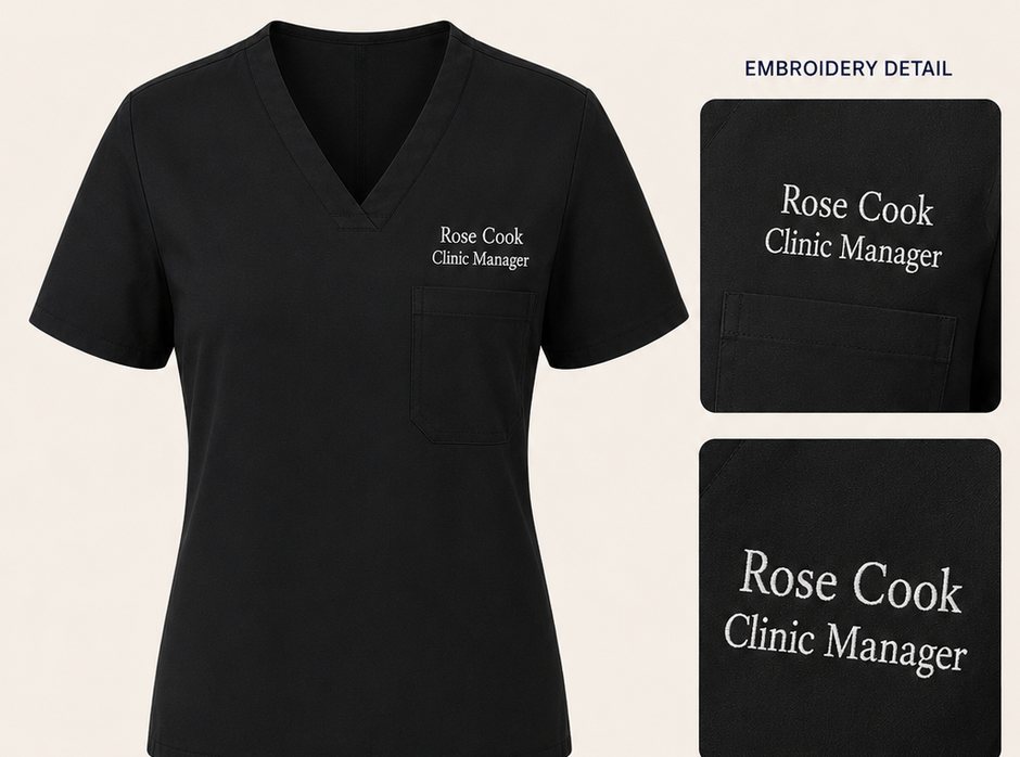 Stitchwell scrubs in Black with personalised embroidery