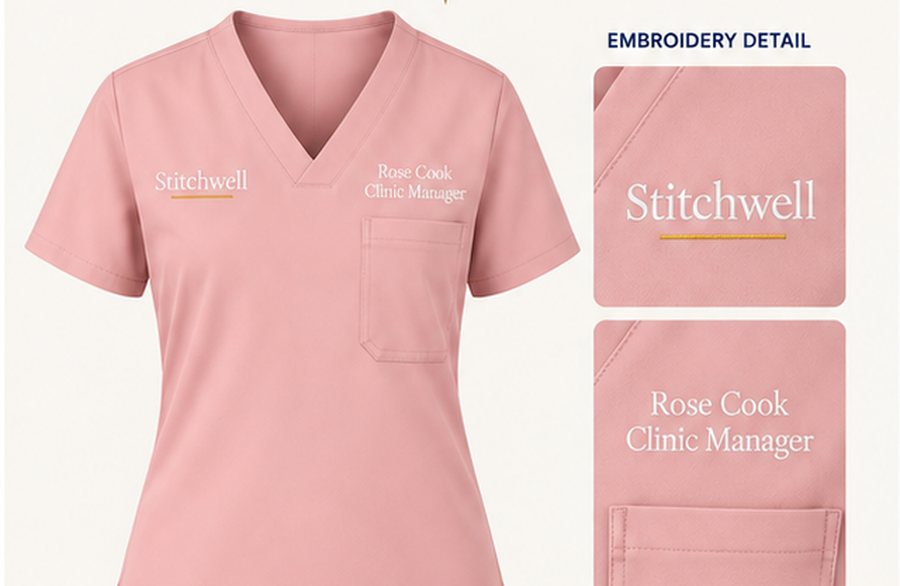 Stitchwell scrubs in Blush Pink with personalised embroidery