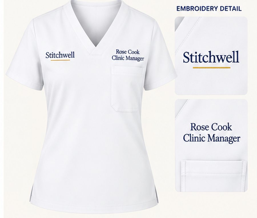 Stitchwell scrubs in White with personalised embroidery